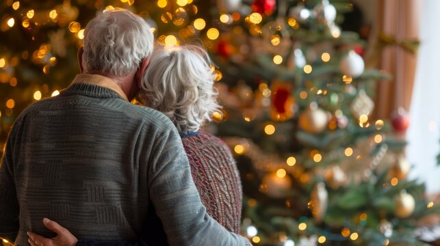 Elderly couple embracing in front of a decorated Christmas tree. Concept of senior love, holiday season, festive celebration, family togetherness