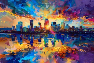 Abstract Colorful Palette Knife Painting Watercolor of Denver Skyline Landscape Generative Illustration