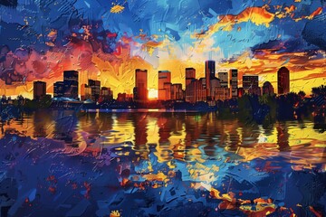 Abstract Colorful Palette Knife Painting Watercolor of Denver Skyline Landscape Generative Illustration
