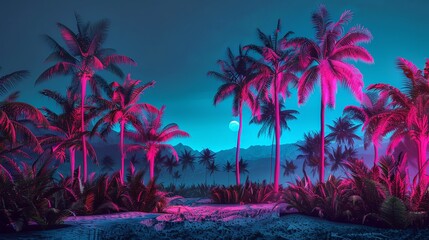 A tropical scene with palm trees and a moon in the sky