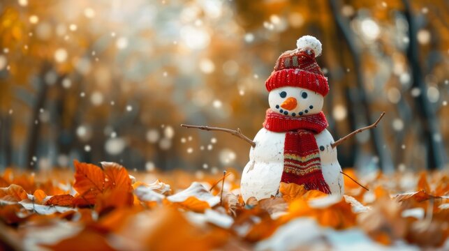 SNOWMAN IN AUTUMN WITH YELLOW LEAVES ON BLURRED NATURAL BACKGROUND