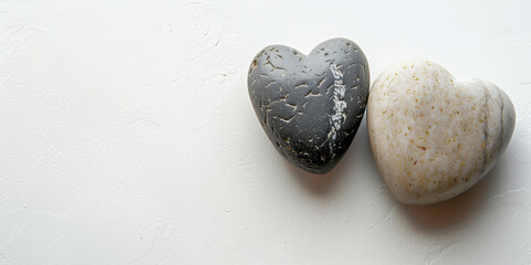 Obraz premium two heart-shaped stones on matte white background with copy space, top view