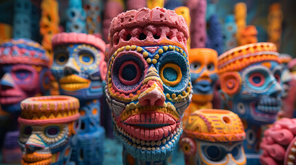 Fototapeta premium Colorful skulls in a display case, showcasing vibrant hues and intricate designs.