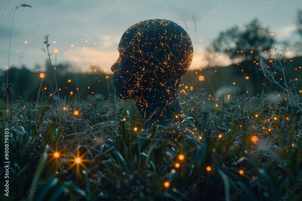Poster digital head with glowing nodes in a field at sunset symbolizing connection and technology in a sere