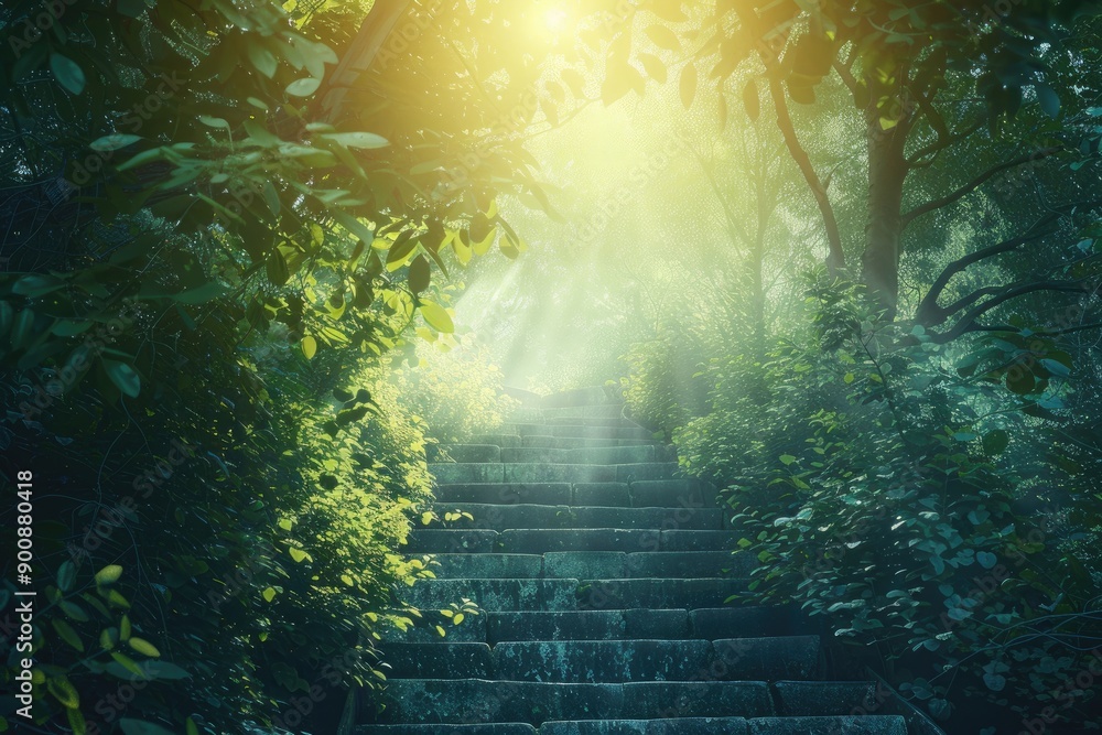 Poster a forest with a path leading up to a waterfall. the path is made of stone steps. the sunlight is shi