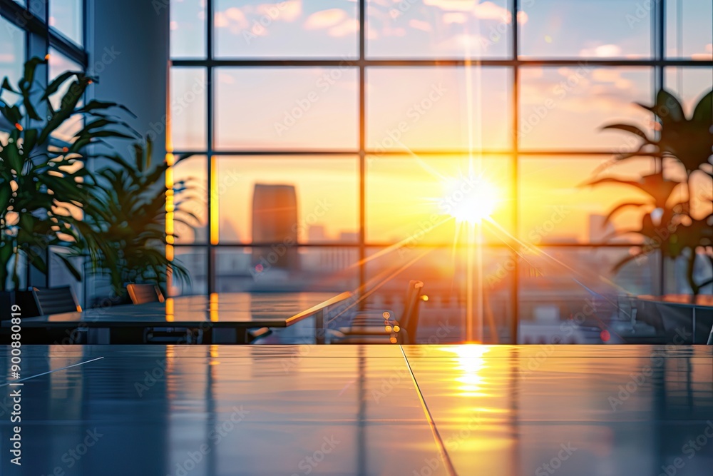 Poster a window with a view of a city and a plant. the sun is setting and the light is shining through the 