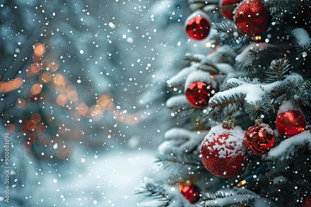 Poster a christmas tree with red ornaments and snow on it. the tree is surrounded by a snowy background