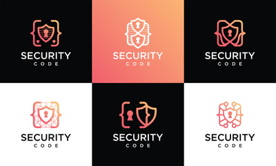 Minimalist shield security code logo collection, shield security icon set for programming code logo design.