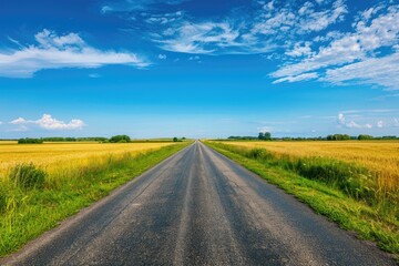 Fototapeta premium A long road with a clear blue sky above it. The road is empty and there are no cars or people on it
