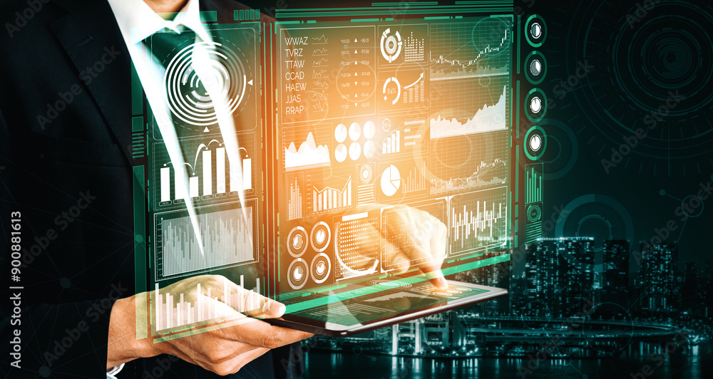 Poster big data technology for business finance analytic concept. modern interface shows massive informatio