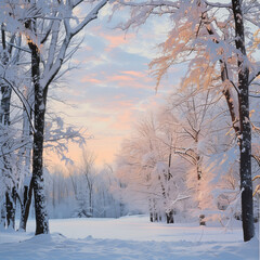 Capture a serene winter scene with snow-covered trees and a soft, pastel sky.