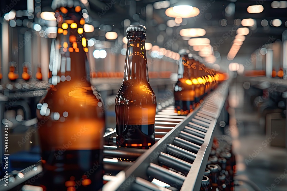 Poster a row of beer bottles are being made in a factory. the bottles are all the same color and are lined 