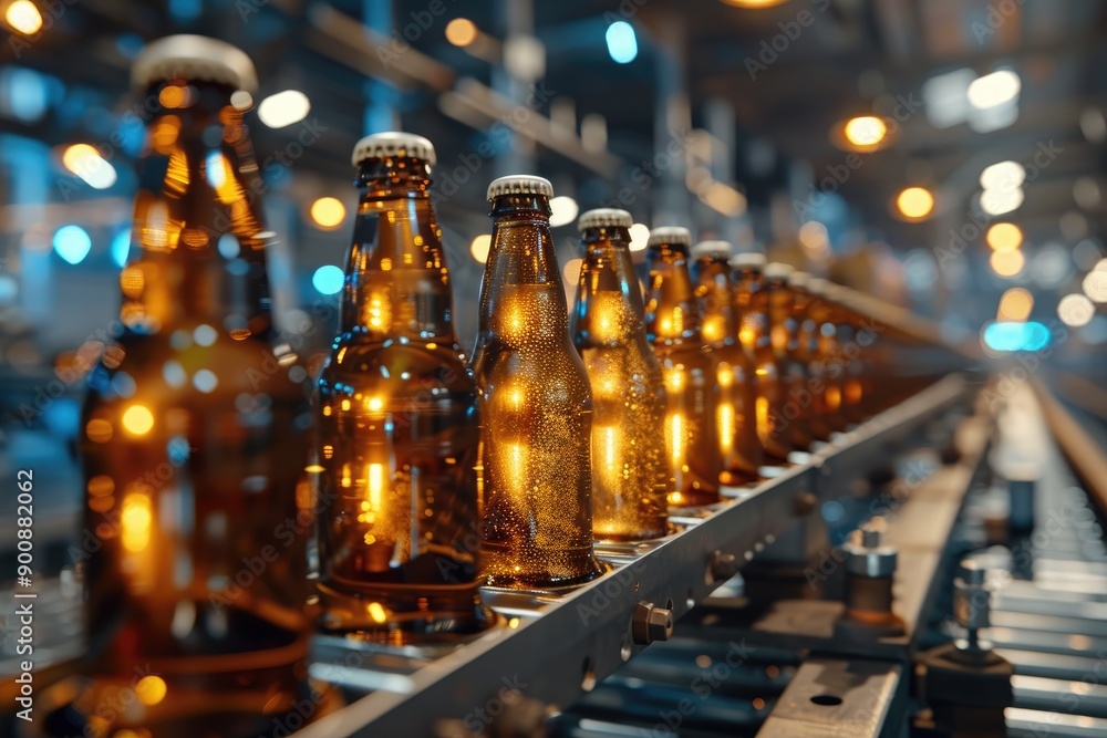 Poster a row of beer bottles are being made on a production line. the bottles are all the same color and ha