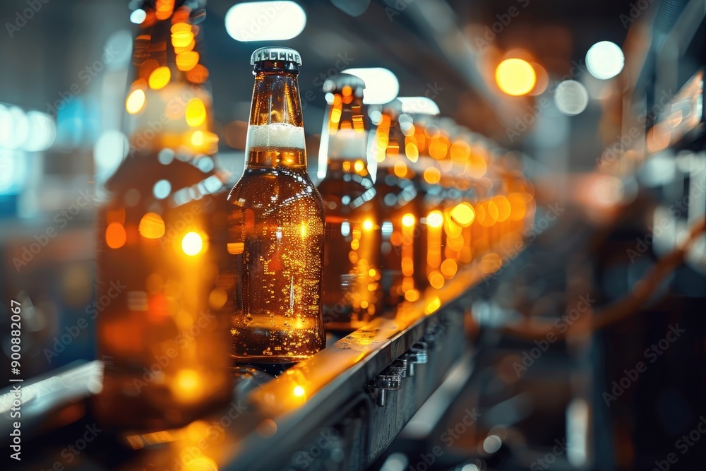 Poster a row of beer bottles are being made on a production line. the bottles are all the same color and ar
