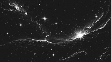 Deep space scene background in stippling style with amazing huge nebula and glowing stars cluster in universe. Retro styled dotwork. Pointillism. Noisy grainy shading using dots. Vector illustration  © 3d_kot