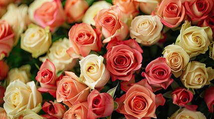 A bouquet of roses in various colors, including pink, white, and yellow. The arrangement is full and vibrant, creating a sense of warmth and happiness