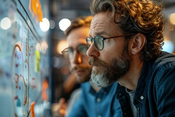 Obraz premium Man With Beard Examines Chart on Whiteboard in Office