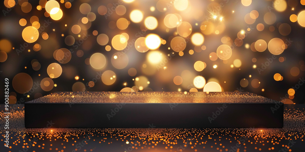 Poster empty black pedestal sparkling on golden glitter with bokeh lights background