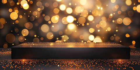 Empty black pedestal sparkling on golden glitter with bokeh lights background