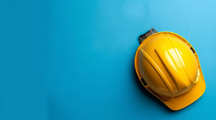 yellow safety helmet on blue background for construction and industrial work