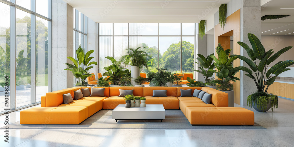 Poster modern orange sofa in spacious office lobby with large windows allowing sunlight and greenery