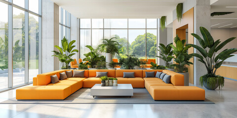 Modern orange sofa in spacious office lobby with large windows allowing sunlight and greenery