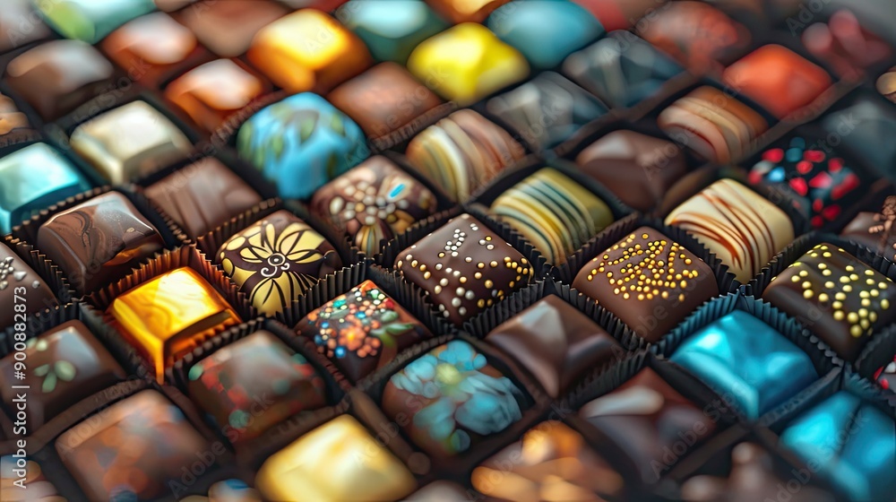 Poster a close up of a box of assorted chocolates. the chocolates are in various shapes and colors, and the