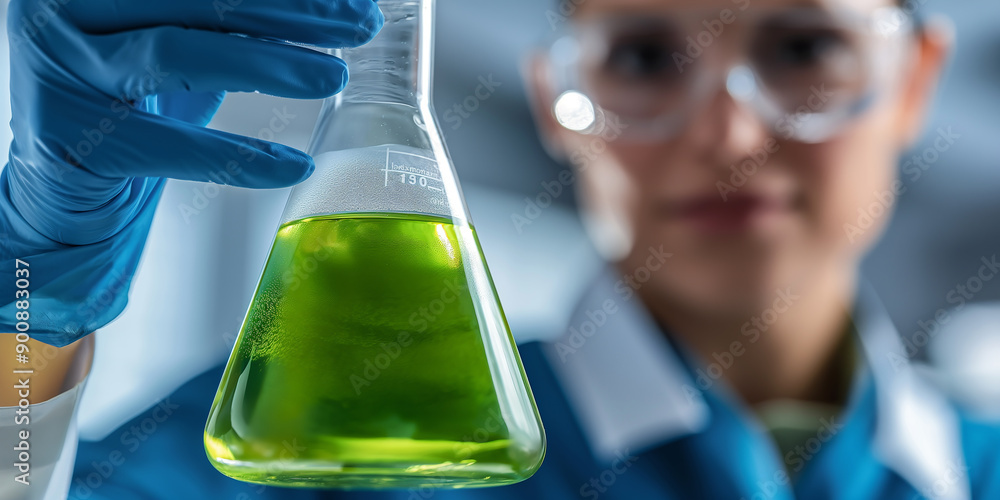 Poster scientist holding erlenmeyer flask containing green liquid in laboratory setting