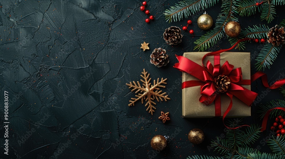 Poster a black background with a red ribbon and a brown box with a snowflake on it. the snowflake is surrou