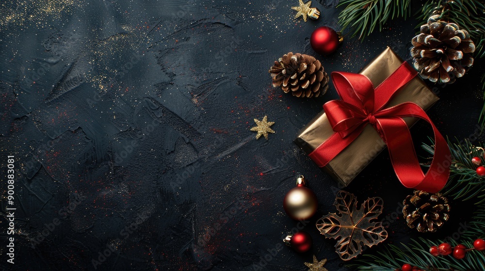 Poster a black background with a red ribbon and a gold box with a red bow on top. the box is decorated with