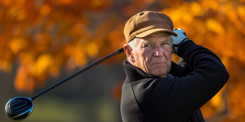 Senior golfer taking a swing on a sunny autumn day