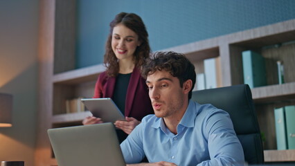 Business team video calling looking laptop web camera in office close up. 