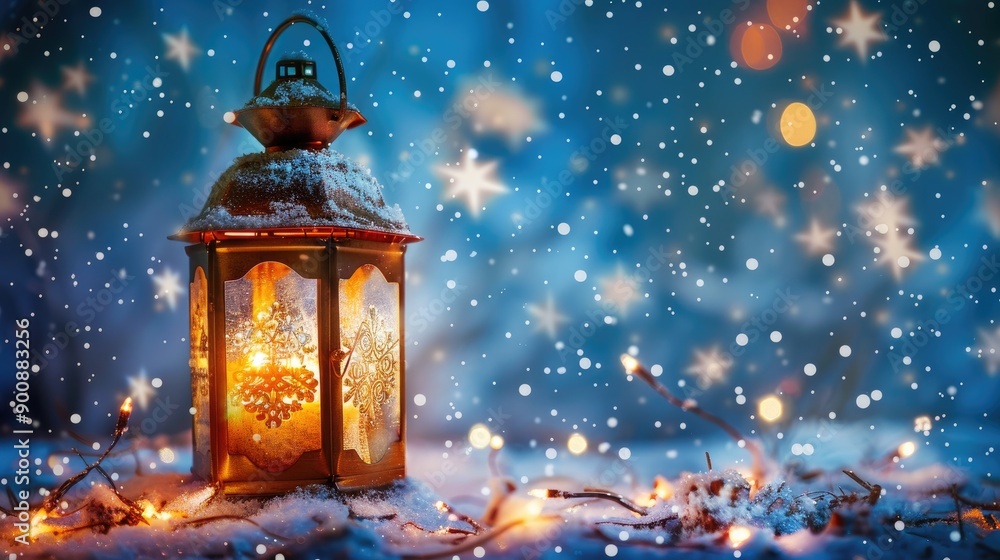 Poster a lantern with snowflakes on it sits on a snowy surface. the lantern is lit, creating a warm and coz