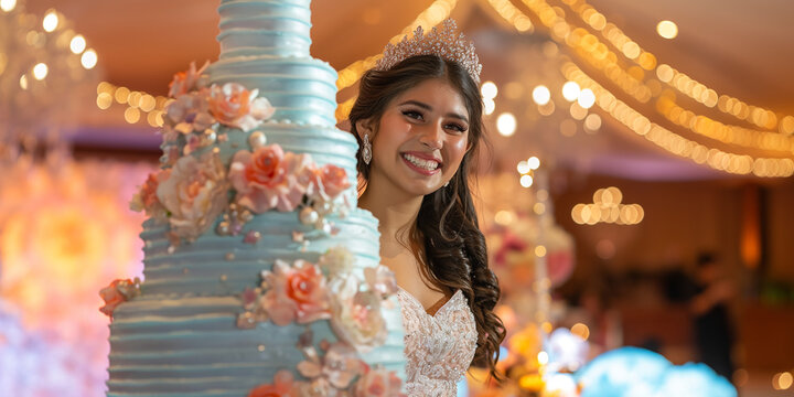 Happy teenager celebrating her quinceanera with a beautiful blue cake