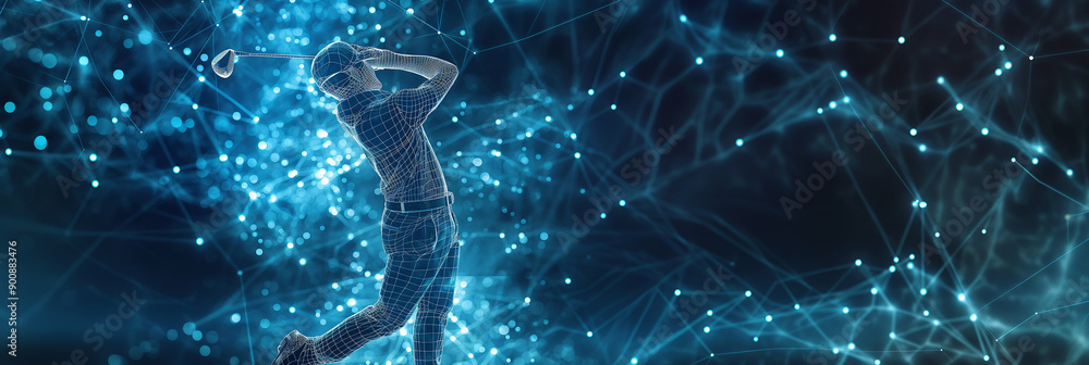 Poster wireframe golfer swinging on abstract blue background