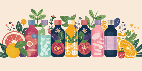 Natural medicine concept showing bottles filled with herbs, vitamins and fruits