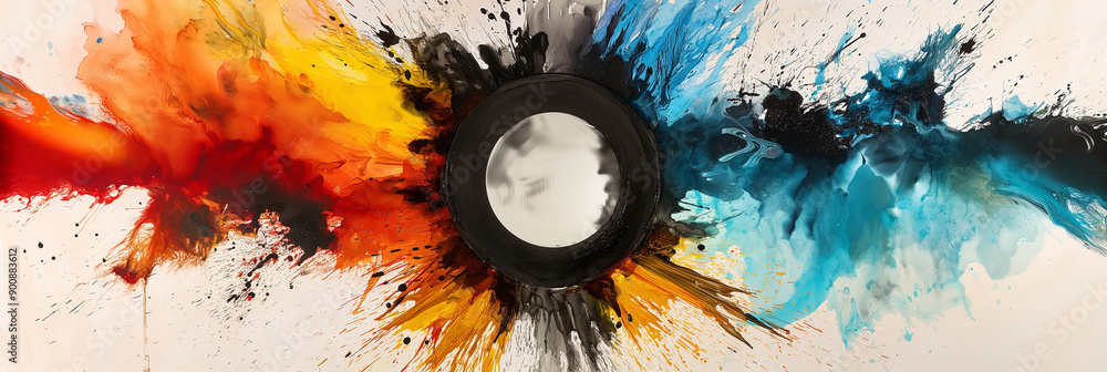 Poster black circle surrounded by colorful paint splashing on white background