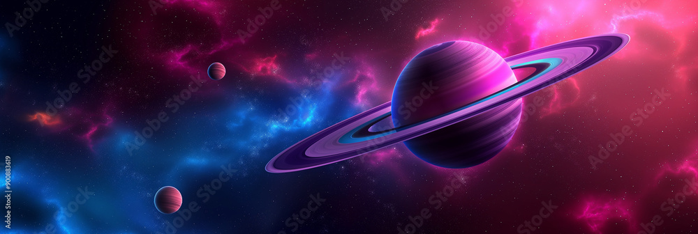 Poster giant gas planet with ring system is orbiting in outer space