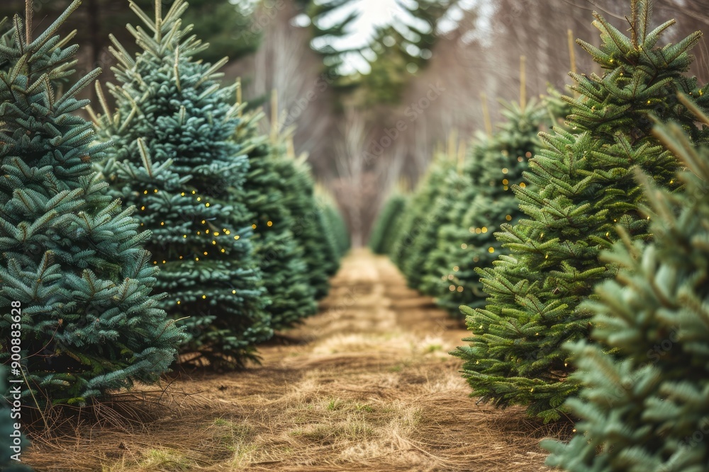 Poster a row of evergreen trees with a path in between them