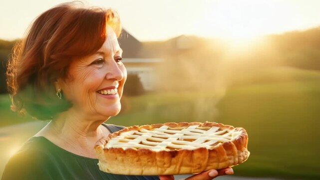A middleaged woman with auburn hair stands in front of her suburban home a proud smile on her face as she holds a freshly baked apple pie in her hands the fragrant steam wafting