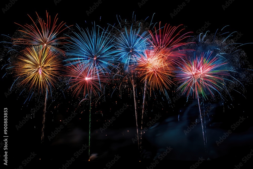 Poster a fireworks display with a variety of colors and shapes. the fireworks are lit up in the dark sky, c