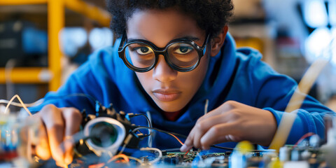Young engineer working on electronics project and soldering wires