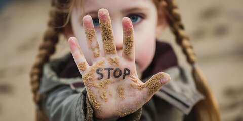 Young girl showing stop sign written on her hand covered with sand