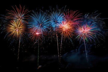 A fireworks display with a variety of colors and shapes. The fireworks are lit up in the dark sky, creating a festive and celebratory atmosphere