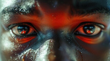 A close-up shot of a person's face with bright red eyes, suitable for use in horror or suspenseful scenes