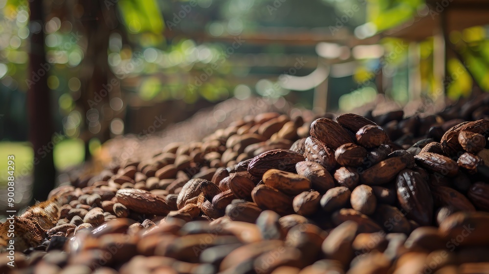 Poster a pile of chocolate beans is shown in the image. the beans are piled high and are of various sizes. 
