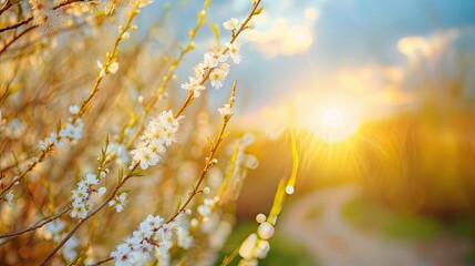 A field of flowers with a bright sun in the background. The sun is shining on the flowers, making them look even more beautiful