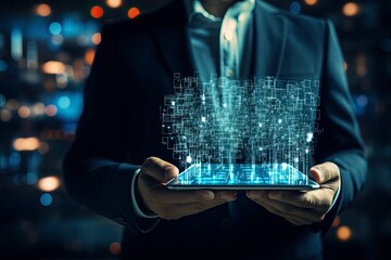 Blockchain technology, data encryption. Businessman using digital tablet with AI blockchain technology and data science, cloud computing, database management, innovative technology