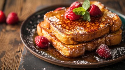 A stack of pancakes with raspberries and mint on top. The plate is brown and the pancakes are golden brown