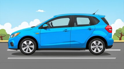 Obraz premium Blue Compact Car Illustration Parked in Suburban Neighborhood on a Sunny Day